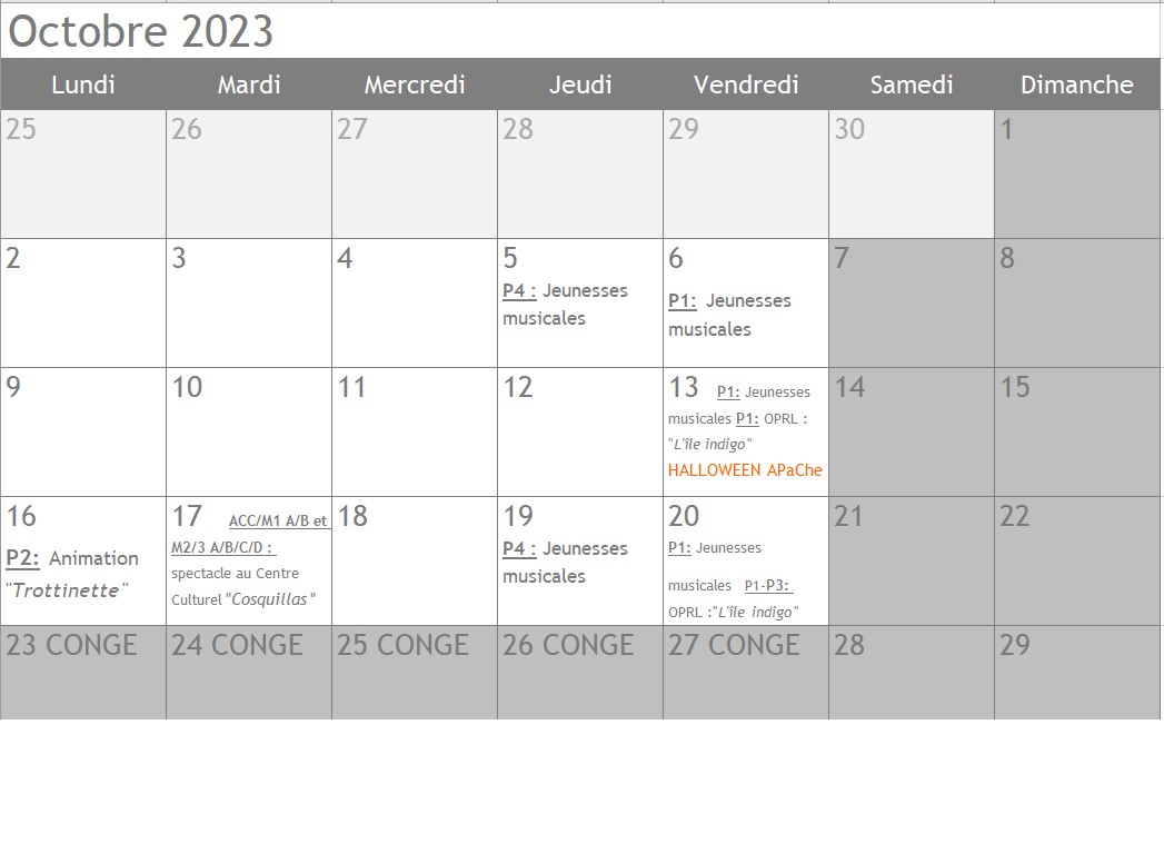 Calendrier Octobre 2023