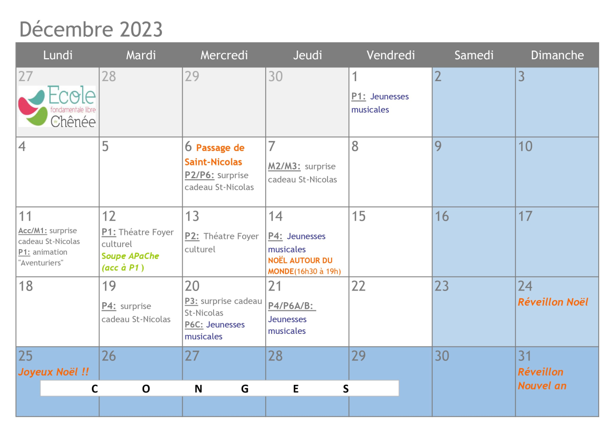 Calendrier Decembre 2023