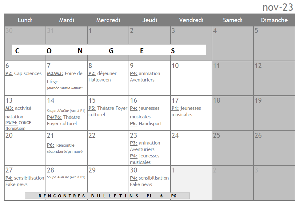 Calendrier Novembre 2023