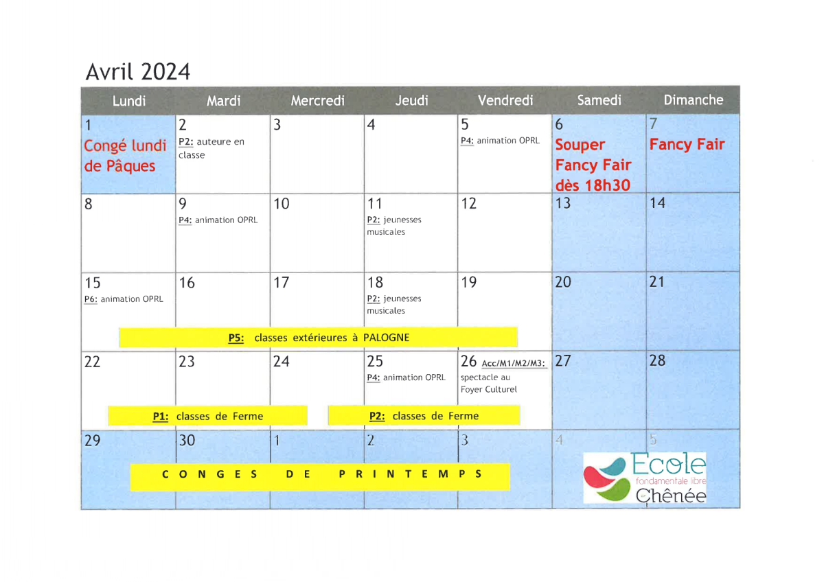 Calendrier Avril 2024