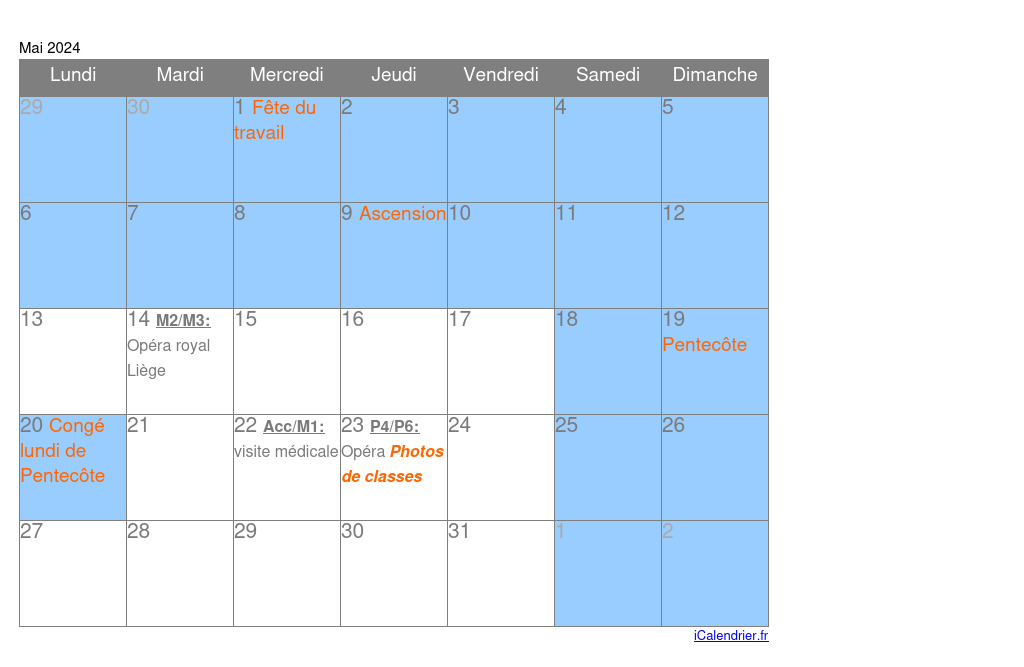 Calendrier Mai 2024